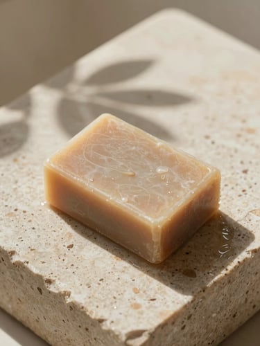 Warm editorial photography of a solid shampoo bar resting on a wet travertine stone, soft morning light, botanical leaf shadow, tactile organic texture, 35mm lens