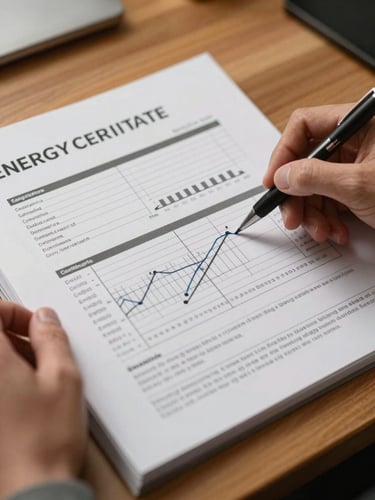 Close-up portrait shot of an open energy certificate report on a wooden desk under warm tungsten light, visible hand-annotated charts and consumption figures on the page, a mechanical pencil resting alongside, shallow depth of field