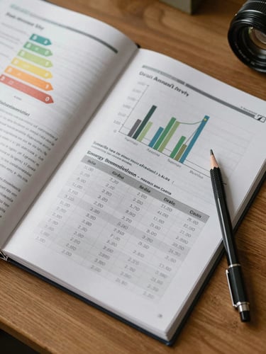 Close-up overhead shot of an open energy efficiency report on a wooden desk under warm tungsten light — two pages visible showing hand-annotated calculations, a bar chart of annual consumption figures, and a table with cost estimates written in clear numerals; a mechanical pencil rests diagonally across the lower right corner of the pages