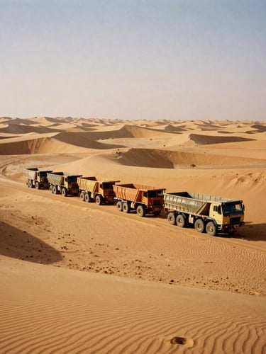 Wide-angle industrial film photograph of a heavy transport convoy crossing vast Saharan sand dunes at golden hour, high-contrast steel and warm ochre tones, 35mm.