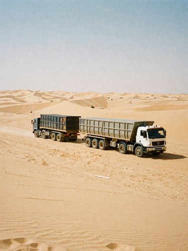 Wide shot of a heavy transport logistics convoy traversing vast Saharan sand dunes under harsh midday desert sun, industrial film photography style, 35mm.