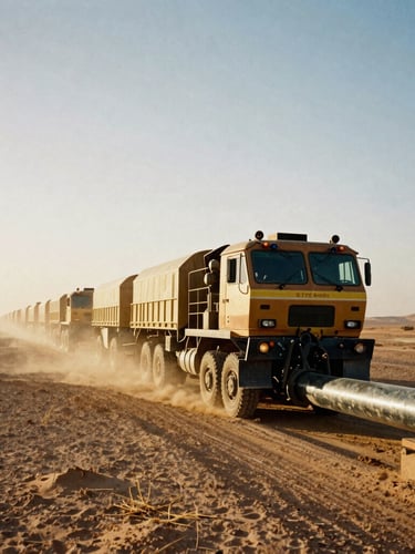 Wide-angle industrial film photograph of a heavy desert logistics convoy moving along a pipeline corridor in the Sahara, harsh golden hour sunlight highlighting dust and steel, 35mm.