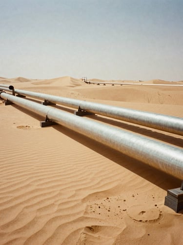 Wide-angle industrial film photography of high-pressure steel pipelines crossing sand dunes under harsh desert sunlight, warm ochre tones, 35mm