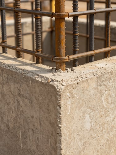 Close-up of industrial concrete joint and structural steel reinforcement, warm architectural photography, sharp focus, natural daylight