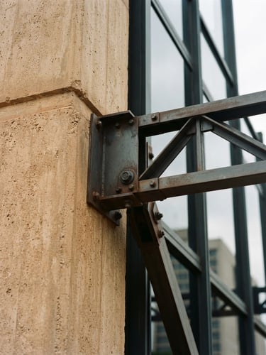 Close-up of structured concrete and steel joints of a modern commercial building in Brasília, warm architectural photography, natural overcast daylight, earthy sand and clay tones, sharp focus, 35mm