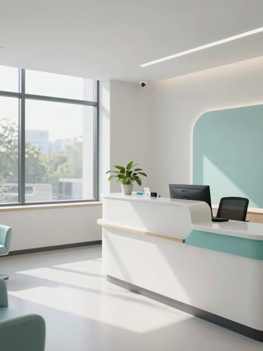 Wide interior of a modern medical clinic reception area, receding desk counter to the right third, clean white walls with soft teal accent panel, natural daylight from floor-to-ceiling windows on the left, no people, calm and patient-ready atmosphere