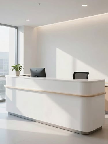 Wide-angle view of a modern clinic reception desk, clean white surfaces, soft natural light from left, unoccupied, minimal decorative elements, calm and professional atmosphere