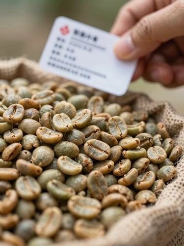 Macro close-up of raw green coffee beans in a jute sack, a quality inspector's hand holding a technical grading tag in the background, natural diffused high-altitude daylight, organic textures.