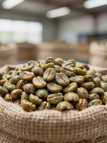 Macro close-up of green coffee beans in rustic jute sacks inside a clean, well-lit warehouse, natural side light casting soft textures