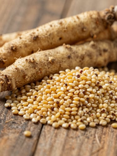 Macro close-up of raw organic maca roots and golden quinua grains on a rustic wooden surface under diffused overcast daylight, clean composition.