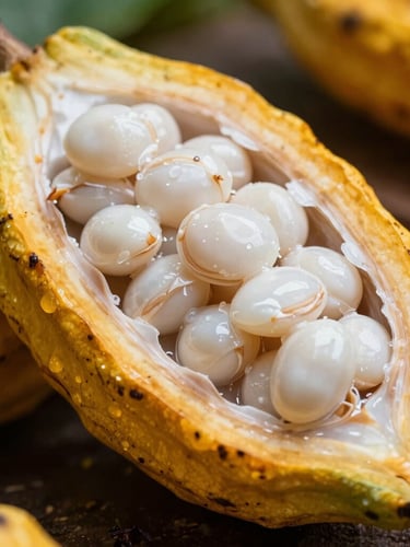 Macro close-up of a ripe yellow cacao pod cut open, revealing wet white beans inside, natural jungle light