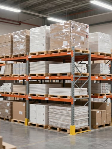 An organized modern warehouse interior with high shelves, neatly stacked boxes and building materials, bright uniform studio lighting, clean industrial aesthetic