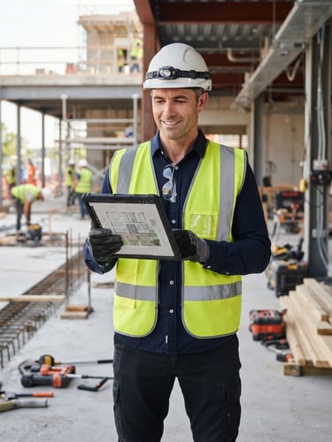 A professional contractor in clean high-visibility vest holding a tablet on an organized construction site, bright studio lighting, sharp focus