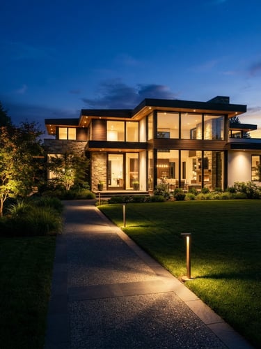 Crisp environmental shot of a completed modern estate at twilight, architectural brass pathway lights casting warm glows on neatly edged lawns, sharp focus, 35mm lens.