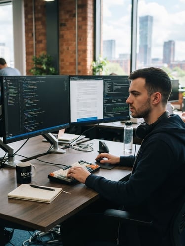 Sharp 35mm editorial photo of a modern Manchester software engineering office, bright natural light, dual-monitor setup displaying clean code and travel API integrations, shallow depth of field.