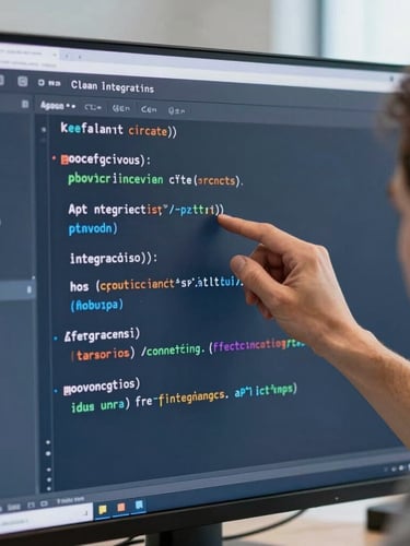 Close-up of a professional developer analyzing clean API integration code on a vertical screen, soft cool-toned office ambient light, sharp focus, 35mm.