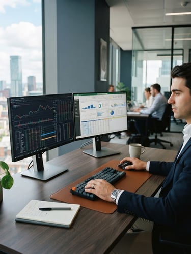 A sharp 35mm photograph of a clean, modern Manchester office workspace, cool slate tones, bright natural daylight, dual-monitor setup showing structured financial data, shallow depth of field.