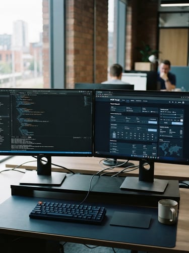 A sharp, close-up 35mm editorial photograph of a dual-monitor setup in a bright Manchester office. Cool slate and navy tones dominate, with clean code and travel booking interfaces visible on screen under soft natural daylight.