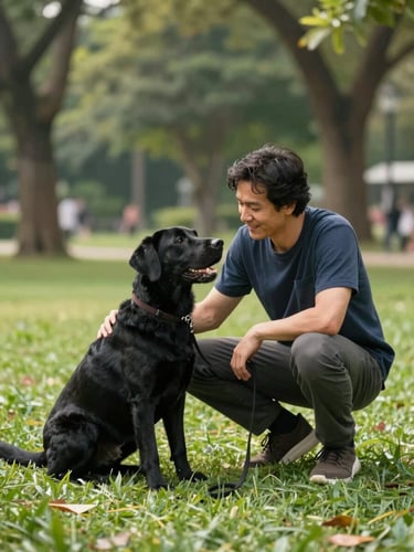 Wide shot of a man crouching in a sunny park, a black Labrador sitting attentively in front of him, leash loose on the grass, owner smiling with relief and concentration, natural daylight, trees softly blurred in background, genuine unposed moment
