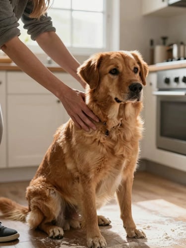 Close-up medium shot of a woman's hands guiding a golden-brown dog into a sit position on a kitchen floor, warm afternoon window light, flour on the counter visible in background suggesting a real home, dog's eyes attentive and calm
