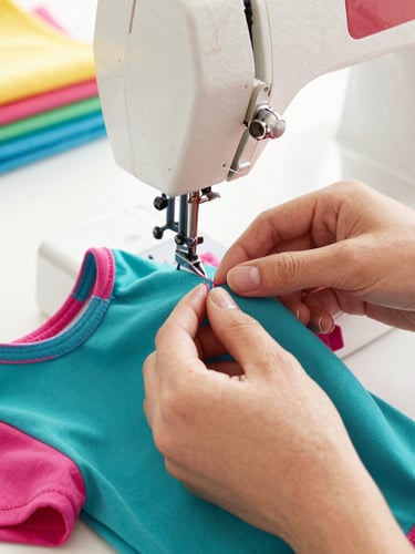 Close-up of hands carefully stitching a colorful teal and magenta pet shirt in a bright sunlit workshop, sewing machine and fabrics in the background, warm atmosphere, 50mm.