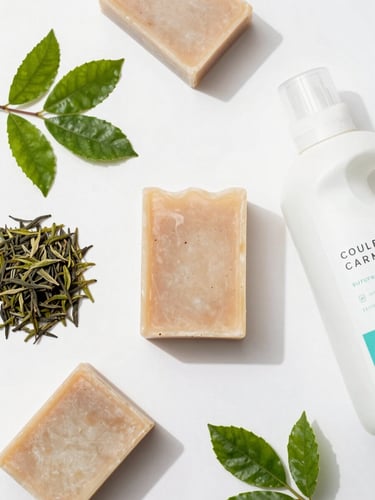 Overhead flat-lay of organic tea leaves, handmade soap bars, and natural laundry liquid on a clean white surface with soft natural daylight, 50mm