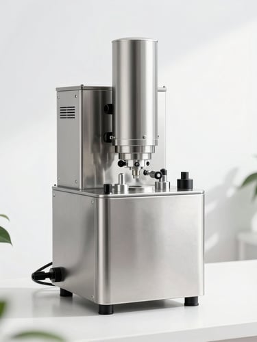 Crisp editorial product photography of a modern, clinical manufacturing line, stainless steel equipment, clean white background, botanical green accents, 50mm