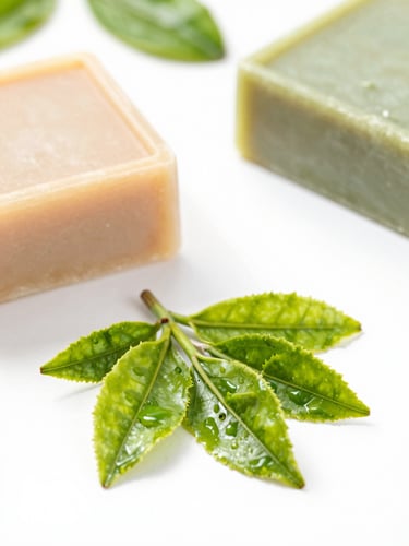 Macro shot of fresh green tea leaves and herbal soap bars on a pristine white surface, soft natural daylight, sharp focus, 50mm