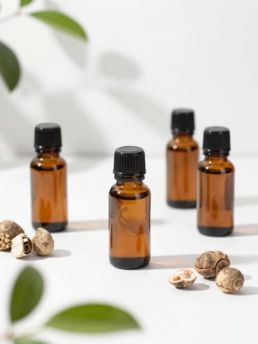Crisp organic raw ingredients and finished bottles on a clean white surface with soft botanical shadows, 50mm, daylight