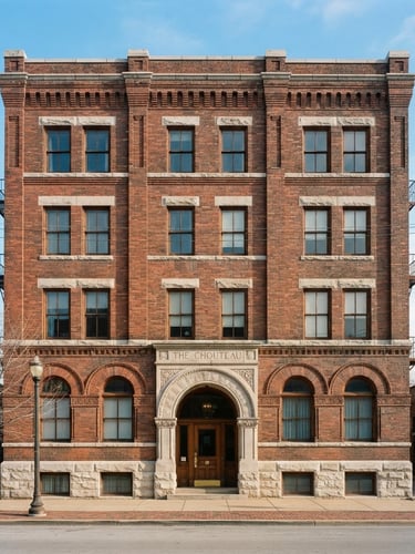 Straight-on architectural elevation of a historic St. Louis brick building, crisp morning daylight, muted earth tones, sharp focus, 35mm lens