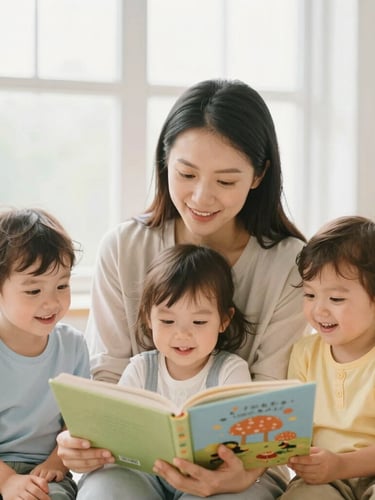Eye-level medium shot of a warm-hearted teacher reading a picture book to three happy toddlers, bright natural soft window light, gentle pastel tones, 35mm lens