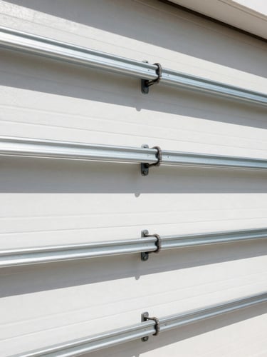 Close-up of heavy-duty steel garage door springs and powder-coated tracks, bright Florida sunlight, high-contrast crisp architectural photography