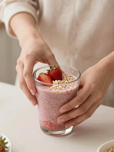 Close-up of a mother's hands gently preparing a colorful smoothie with fresh strawberries and oats, soft natural daylight, warm minimalist kitchen setting