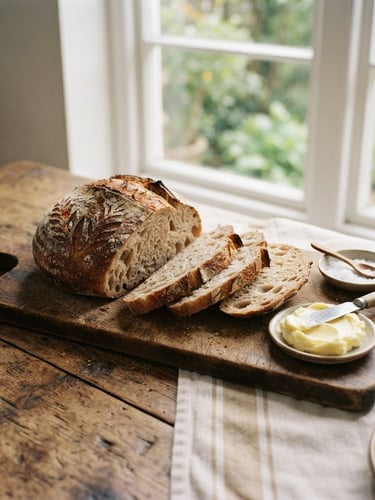Wide panoramic shot of a beautifully plated artisanal sourdough bread with a rich crust, sliced with butter beside it, on a rustic wooden table. Soft natural window light from the right creates gentle shadows, shallow depth of field, rich earthy tones, 35mm film style.