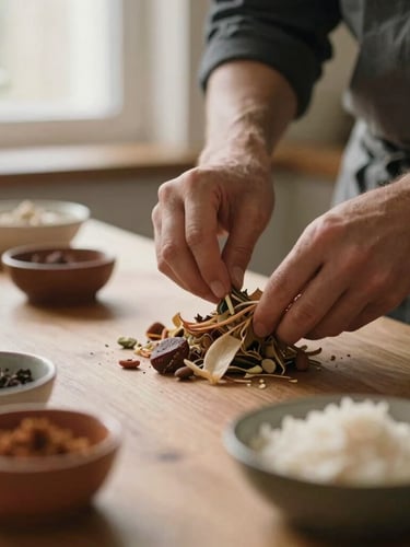 Uma fotografia editorial de close-up das mãos de um chef preparando um prato com ingredientes frescos em uma cozinha escandinava iluminada por luz natural suave, tons terrosos ricos, profundidade de campo rasa, estilo de filme 35mm.
