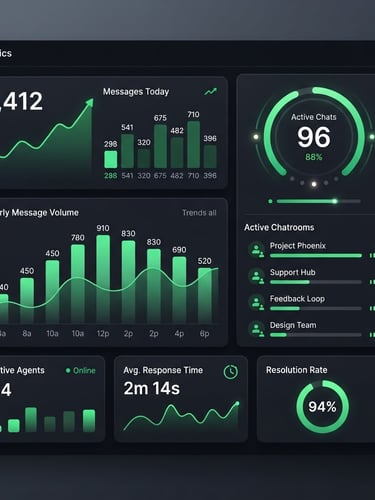 Crisp digital product rendering of a sleek dark mode dashboard showing message volume metrics and active chat counters, vibrant green accents, sharp focus