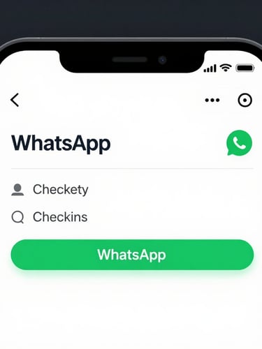 Sleek mobile mockup of a WhatsApp chat window displaying a clean structured checkout flow with green buttons, crisp studio lighting