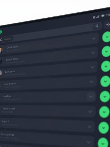 Crisp digital product rendering of a dark mode shared team inbox interface, structured chat columns, assignment dropdowns, vibrant green active indicators, sharp focus