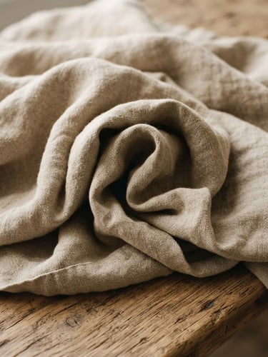 Close-up of heavy-weight natural linen folds resting on a raw oak bench, soft directional north-facing daylight, warm earth tones, 35mm