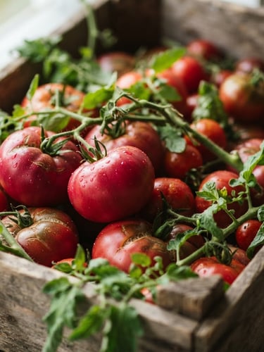 A close-up of fresh heirloom tomatoes in a wooden crate, soft natural Scandinavian daylight, rich green vines and deep crimson skins, shallow depth of field