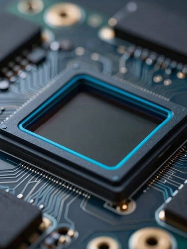 Sleek macro shot of a camera optical sensor integrated on a circuit board, cool-toned studio lighting, deep charcoal and cyan accents, sharp technical focus