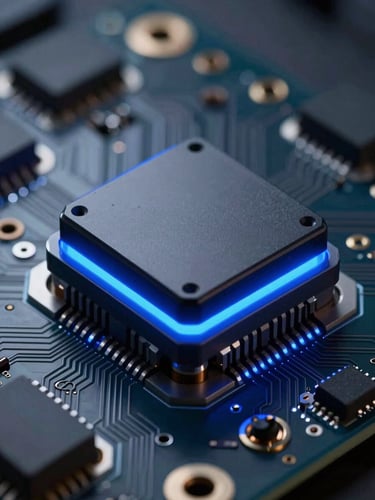 Macro shot of a high-performance optical sensor mounted on a custom circuit board, dramatic blue rim lighting, cool-toned studio setting