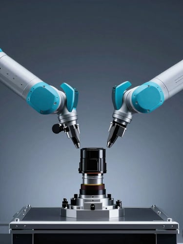 Sleek technical product photography of a robotic assembly arm calibrating a camera lens on a cleanroom production line, sharp focus, cyan telemetry accents