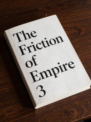 A portrait orientation photograph of a scholarly book jacket titled 'The Friction of Empire', showing heavy paper stock and sharp typography, resting on a dark oak desk.