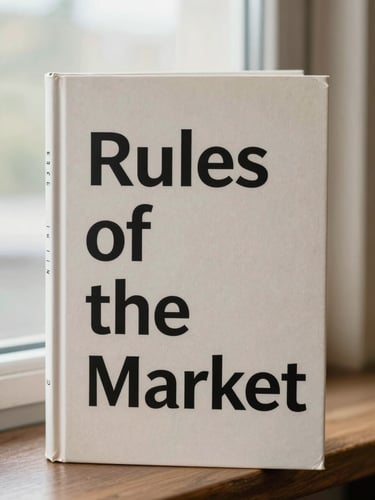 A portrait orientation photograph of a scholarly book jacket titled 'Rules of the Market', clean editorial layout, positioned under soft library window light.