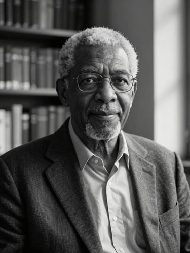Dignified black-and-white portrait of a senior male professor in a natural study setting, soft directional window light with deep natural shadows, bookshelves in the soft-focus background.