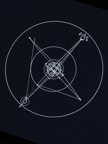 Minimalist macro shot of precise geometric instruments and thin vector orbital lines on a dark digital screen, cool-toned lighting, high contrast