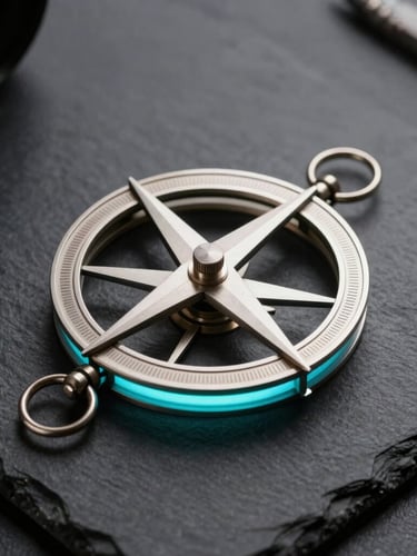 Minimalist macro shot of a metallic astrolabe on a dark slate desk, illuminated by a sharp electric-cyan screen glow, clean lines, high contrast