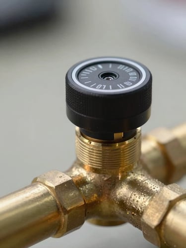 Macro shot of a high-tech acoustic leak detection sensor placed on a clean brass pipe fitting, sharp focus, technical utility lighting