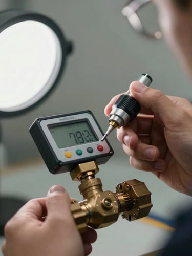 Close-up of a technician calibrating a bronze pressure valve with a digital acoustic sensor, high-contrast utility light